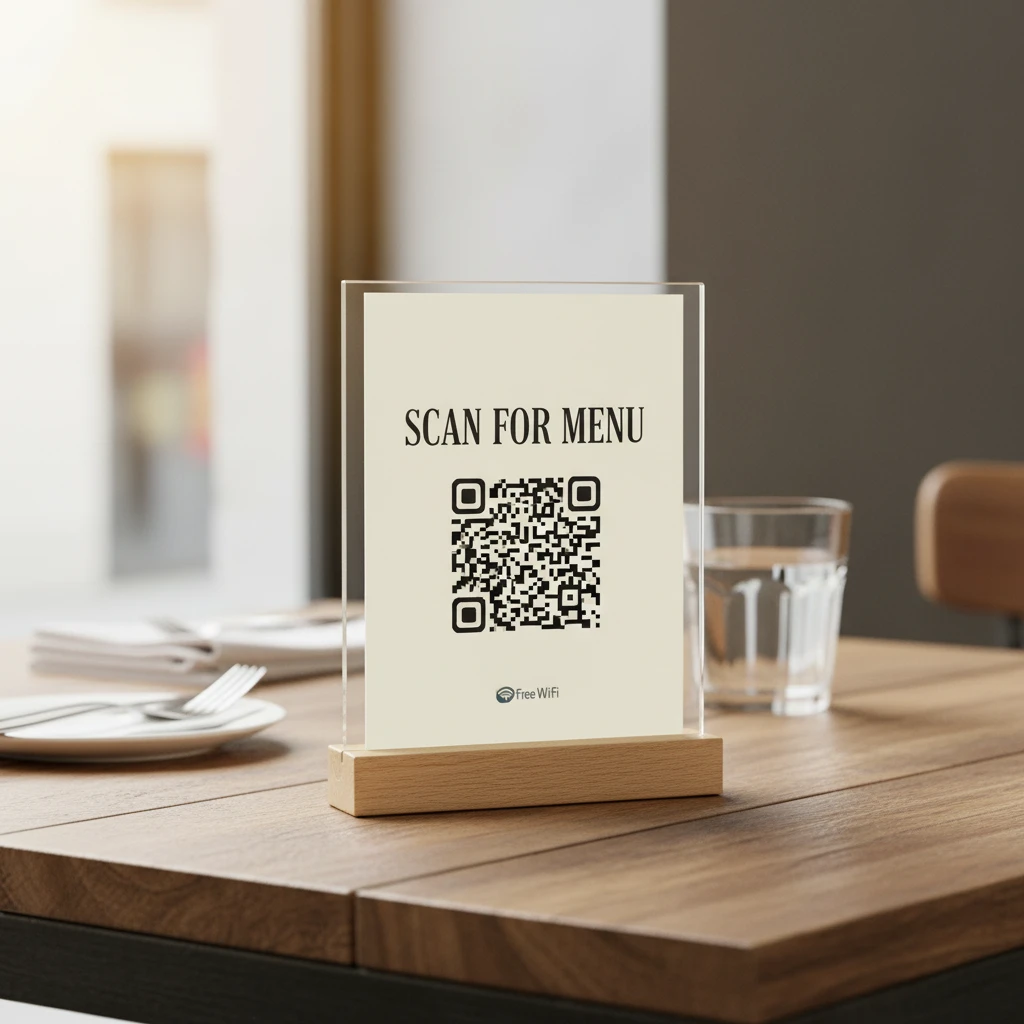 Table standees-Wooden Base Acrylic Table Talkers A6 2 Table Standee - Restaurant QR Code
