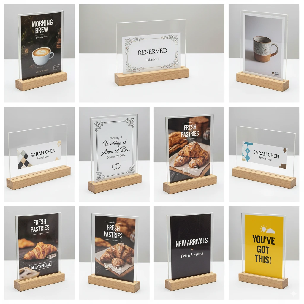 Table standees-Wooden Base Acrylic Table Talkers A6 4 Table standees-Wooden Base Acrylic Table Talkers A6 - Image 4