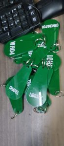laser engraved key tags on green acrylic