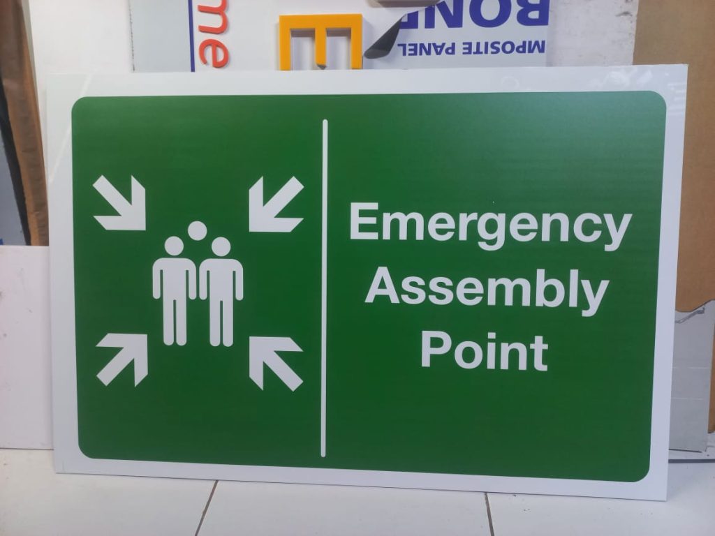 Photo showing a UV Printed Emergency Assembly Point Sign