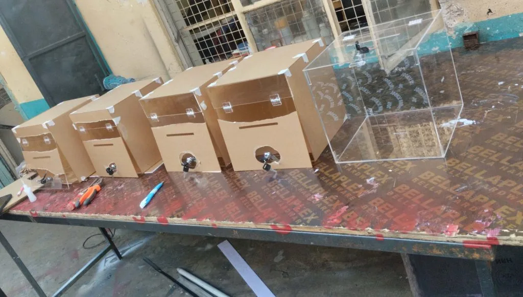 Clear acrylic Suggestion Boxes being fabricated